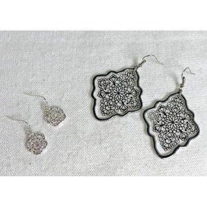 Silver Toned Dangle Earrings - 2 Pairs - CZ Encrusted Swirls & Intricate Design